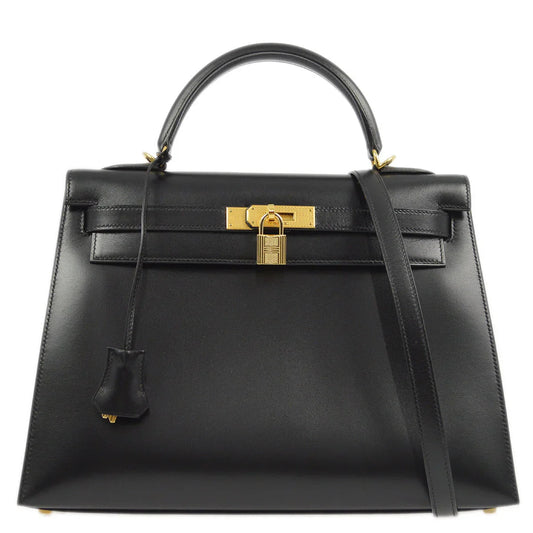 Hermes * 2003 Black Box Calf Kelly 32 Guilloche Sellier 2way Shoulder Handbag