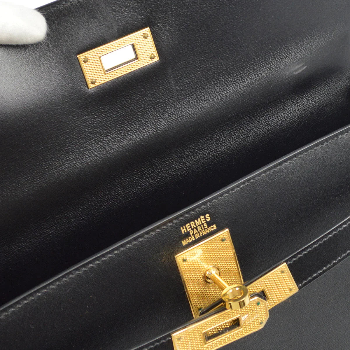 Hermes * 2003 Black Box Calf Kelly 32 Guilloche Sellier 2way Shoulder Handbag