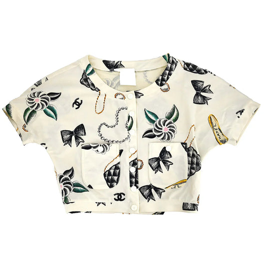 Chanel Icons Print Cropped T-shirt Ivory 96P #38