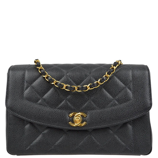 Chanel 1997-1999 Black Caviar Medium Diana Shoulder Bag