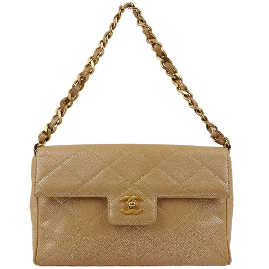 Chanel 2000-2001 Beige Caviar Chain Shoulder Bag 25