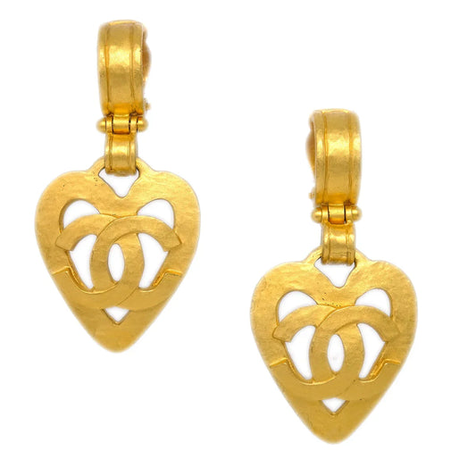 Chanel Dangle Heart Earrings Gold Clip-On 95P