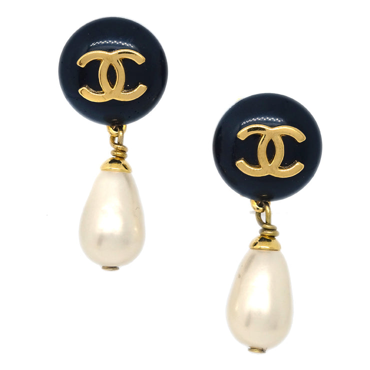 Chanel Artificial Pearl Dangle Earrings Clip-On Gold 96P