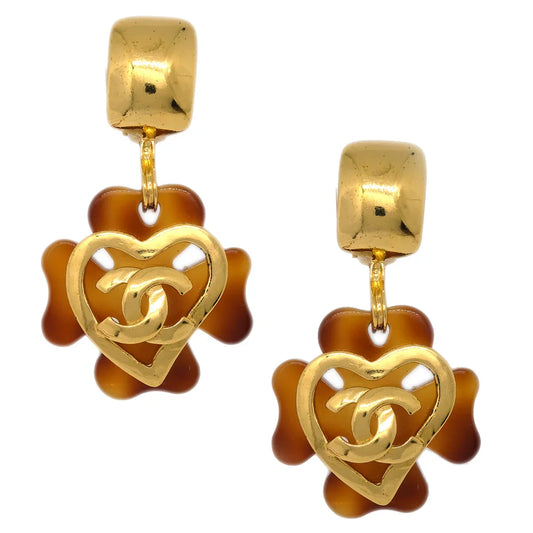 Chanel Clover Dangle Earrings Gold Clip-On 95P