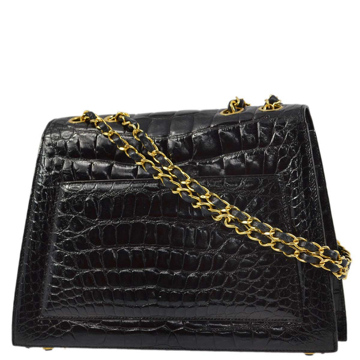 Chanel * Black Crocodile Straight Flap Mademoiselle Lock Shoulder Bag