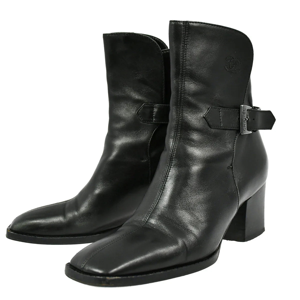 Chanel * Black Leather Short Boots Shoes #36 1/2