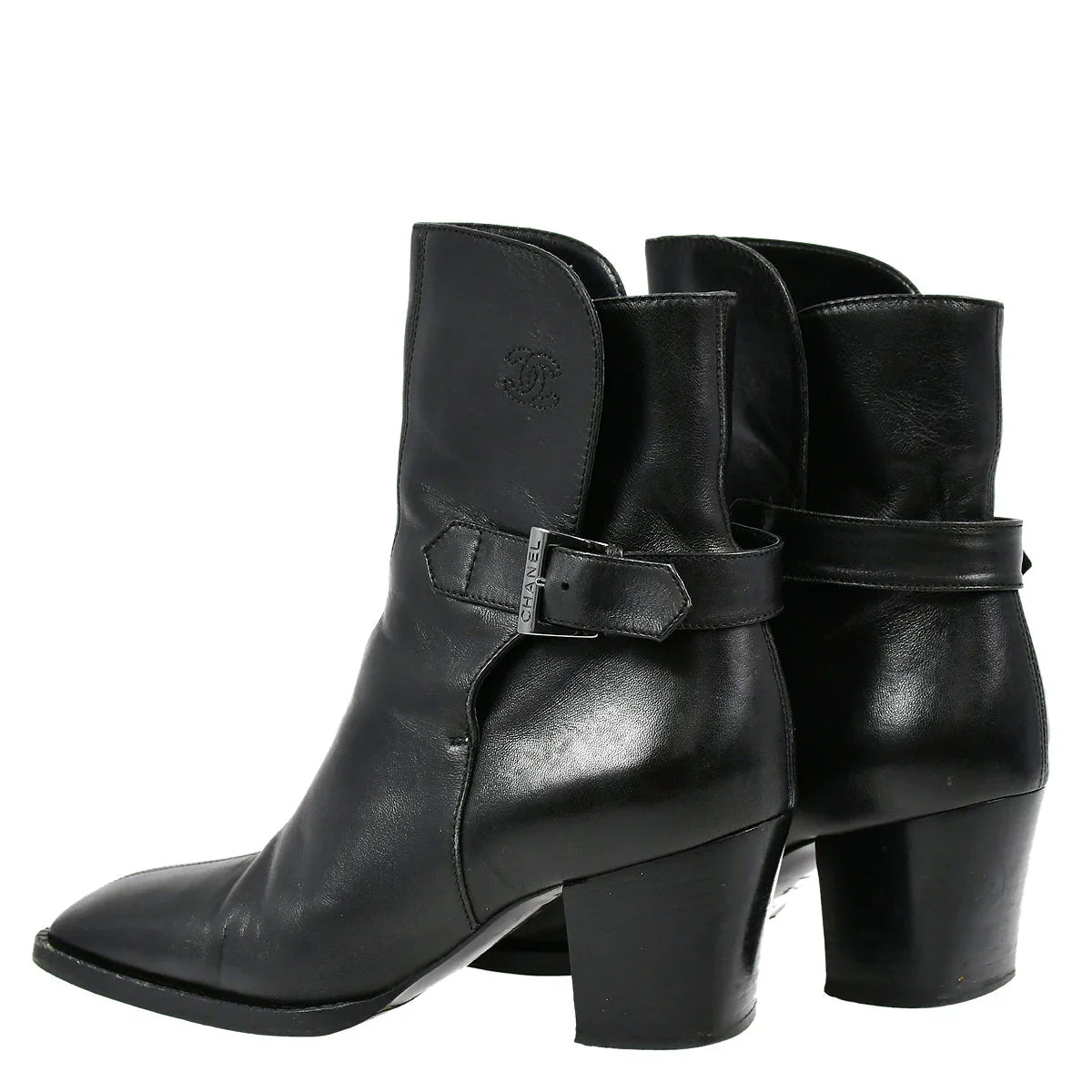 Chanel * Black Leather Short Boots Shoes #36 1/2