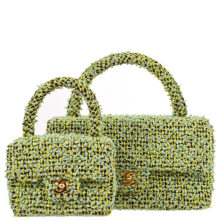 Chanel Green Tweed Classic Single Flap 2 in 1 Handbag Set