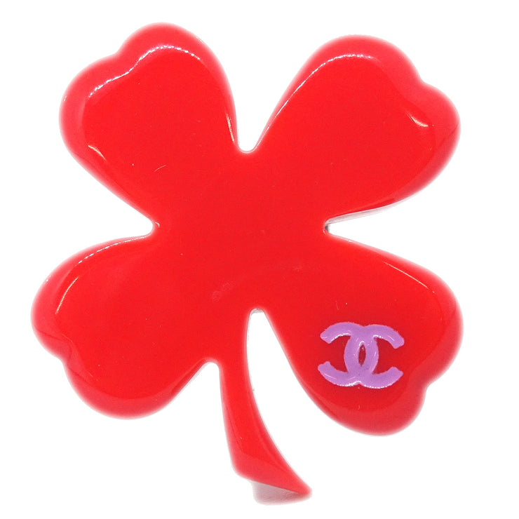 Chanel Clover Brooch Pin Red 04P