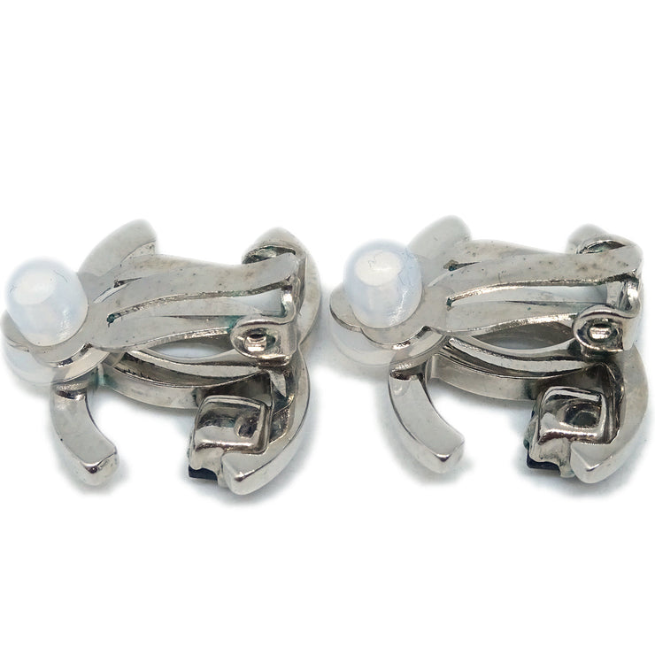 Chanel CC Rhinestone Earrings Clip-On Silver 05P