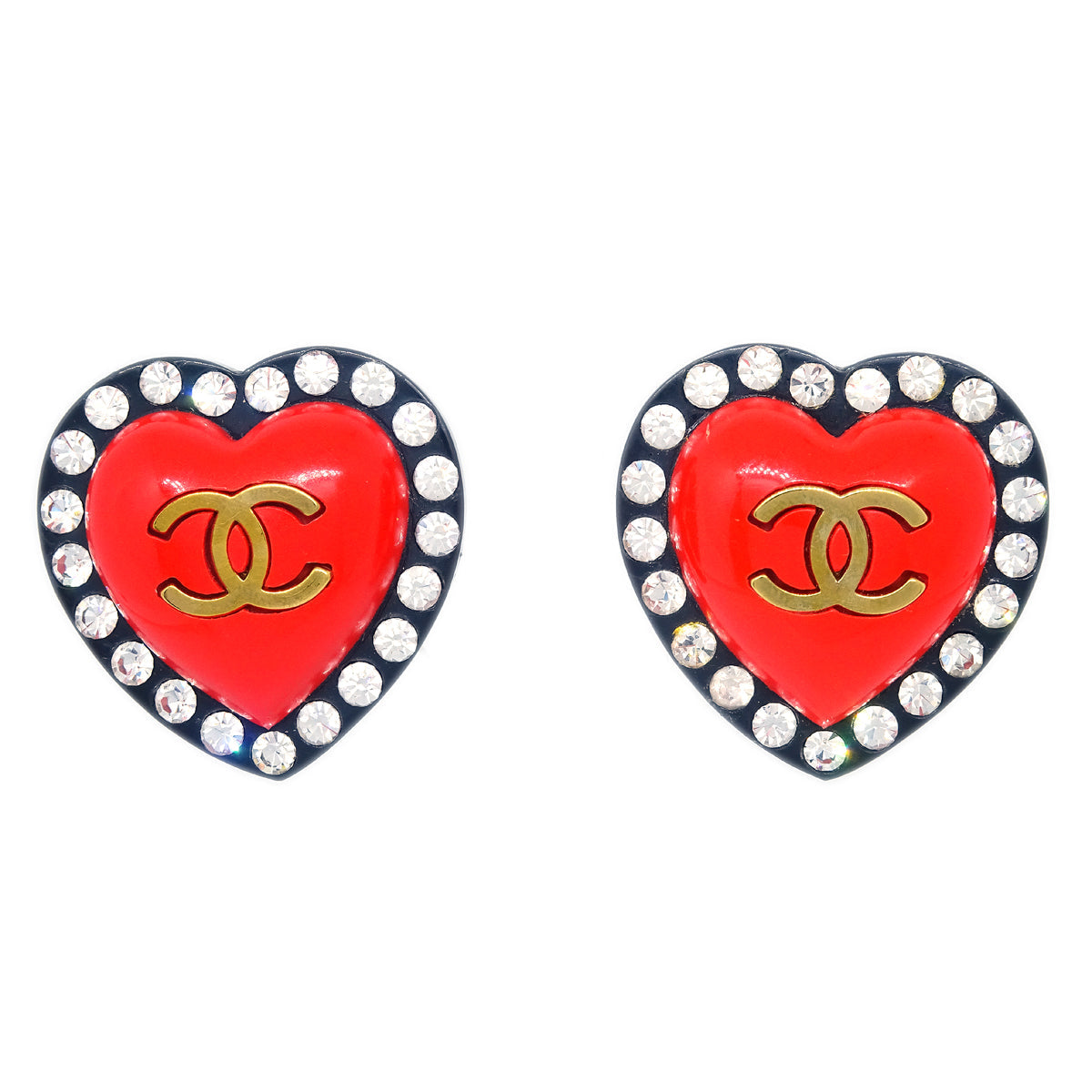 Chanel Heart Rhinestone Earrings Clip-On Red 95P