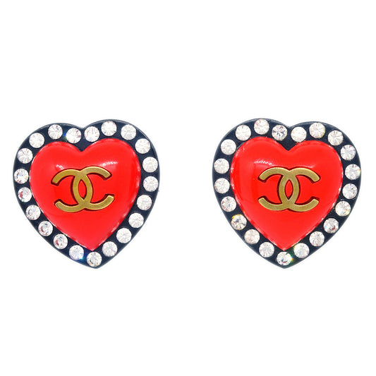 Chanel Heart Rhinestone Earrings Clip-On Red 95P