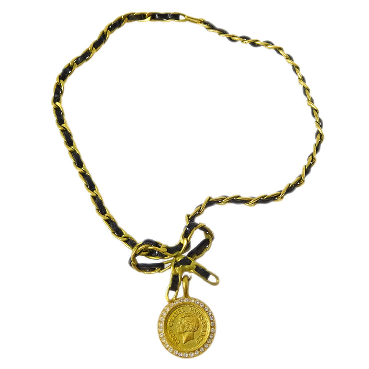 Chanel Gold Black Bow Medallion Rhinestone Pendant Necklace 95P