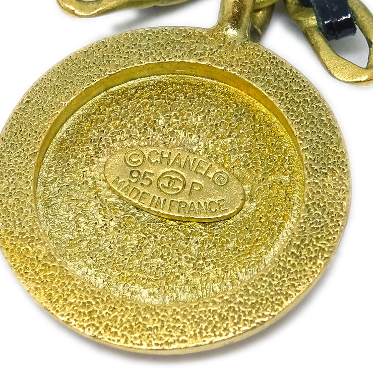 Chanel Gold Black Bow Medallion Rhinestone Pendant Necklace 95P