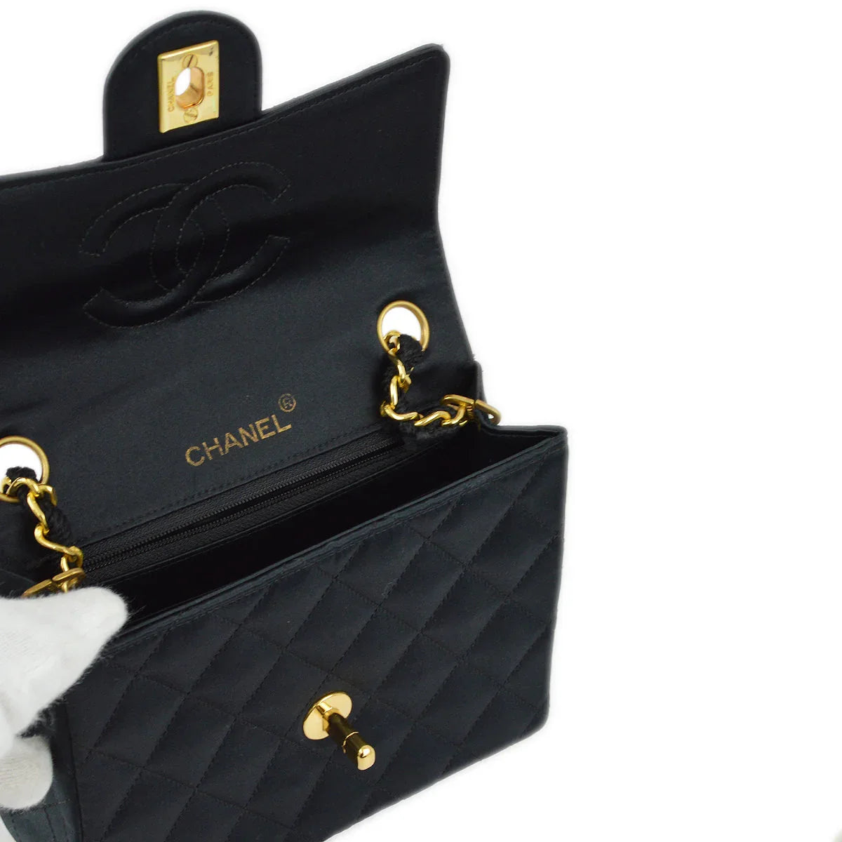 Chanel 2006-2008 Black Satin Mini Classic Square Flap Shoulder Bag 17