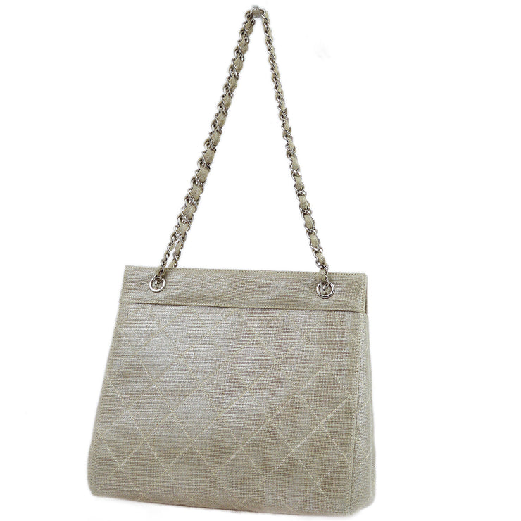 Chanel Beige Linen Chain Tote Handbag