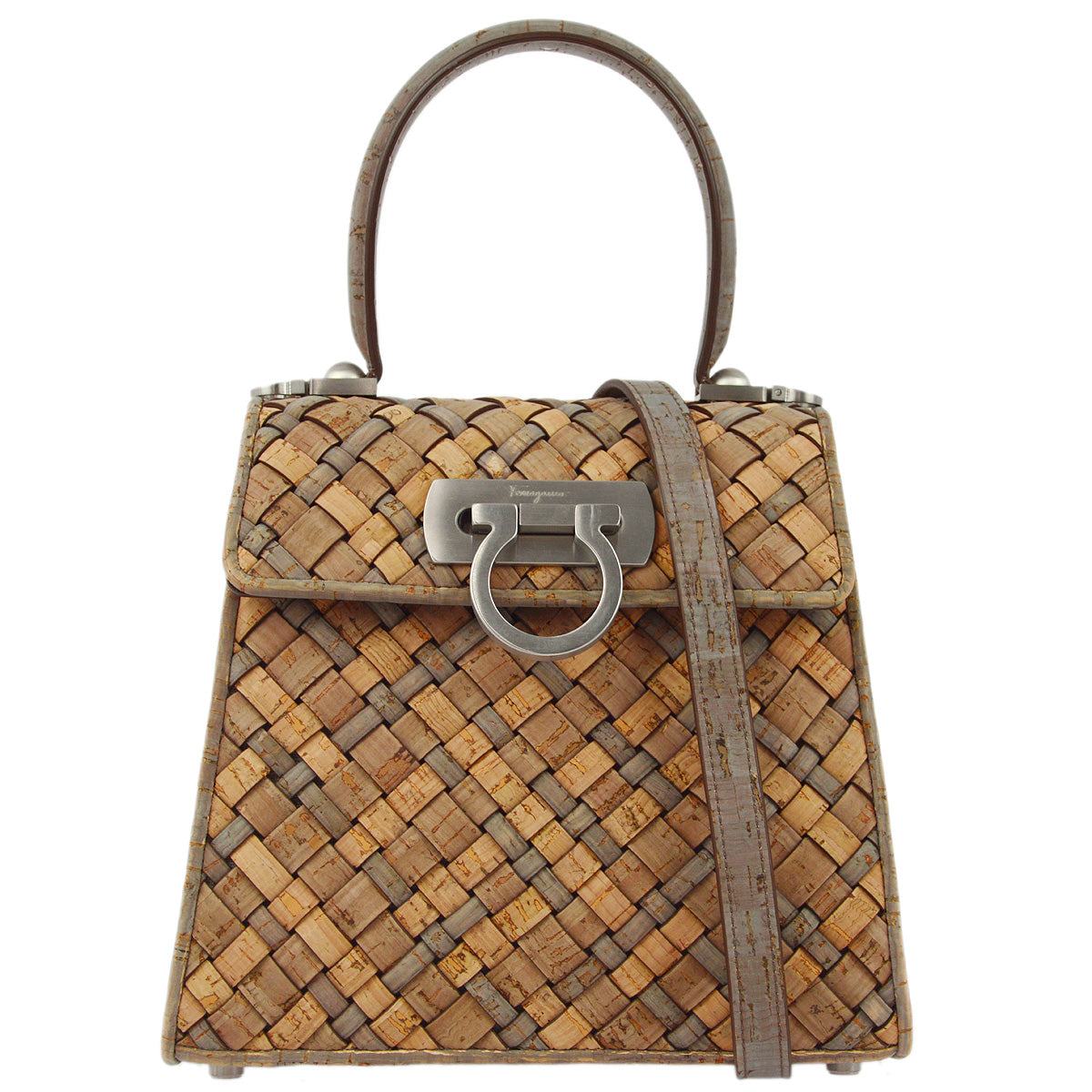 Salvatore Ferragamo 2021 Beige Gray Cork Gancini 2way Shoulder Handbag