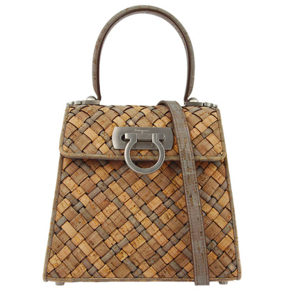 Salvatore Ferragamo 2021 Beige Gray Cork Gancini 2way Shoulder Handbag
