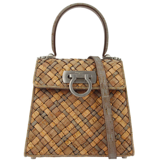 Salvatore Ferragamo 2021 Beige Gray Cork Gancini 2way Shoulder Handbag