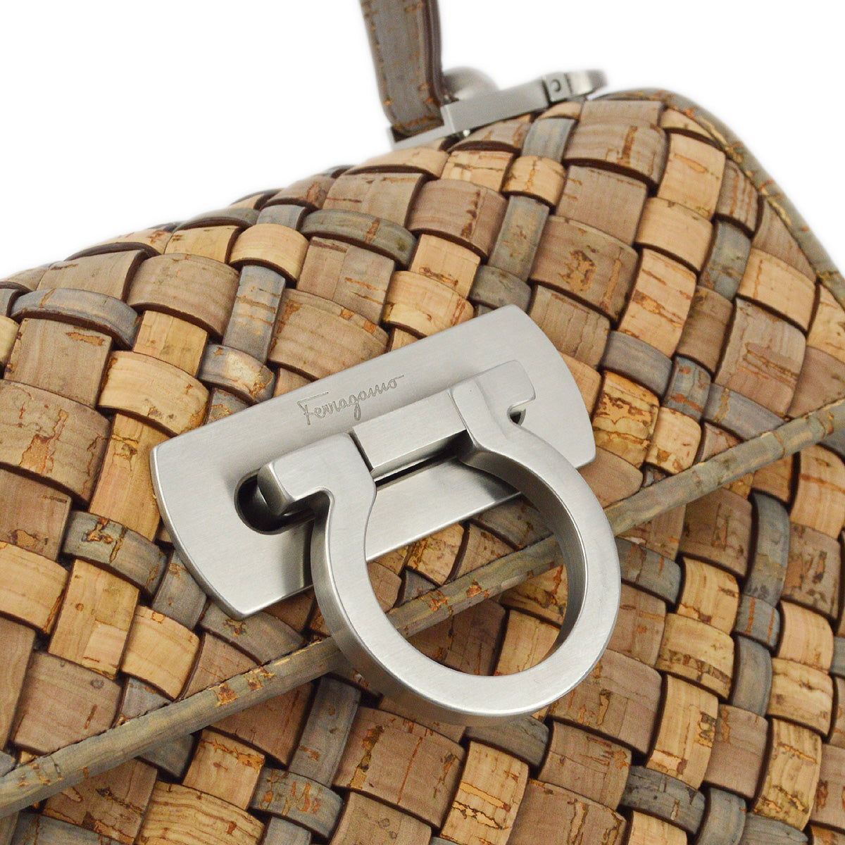 Salvatore Ferragamo 2021 Beige Gray Cork Gancini 2way Shoulder Handbag