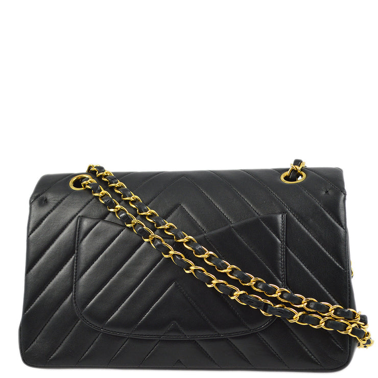 Chanel Black Lambskin V Stitch Classic Double Flap Medium Shoulder Bag