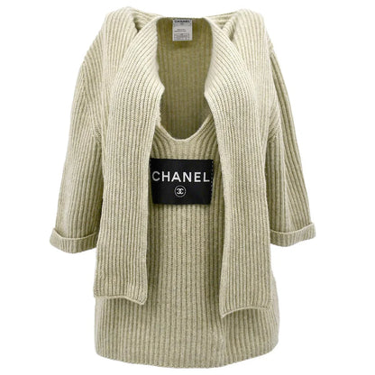Chanel Logo Tag Scarf Sweater Gray 08C #38