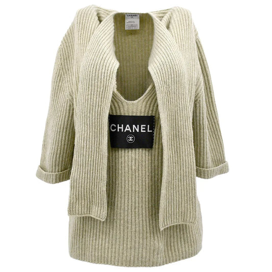 Chanel Logo Tag Scarf Sweater Gray 08C #38