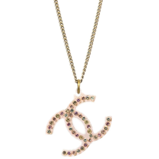 Chanel CC Chain Pendant Necklace Rhinestone Gold 04A
