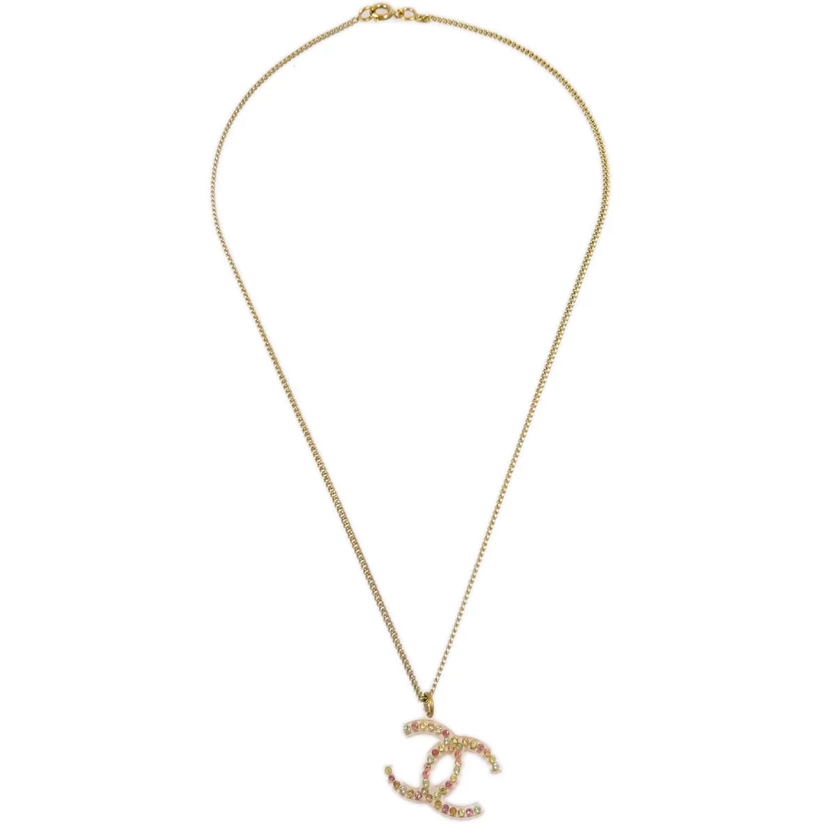 Chanel CC Chain Pendant Necklace Rhinestone Gold 04A