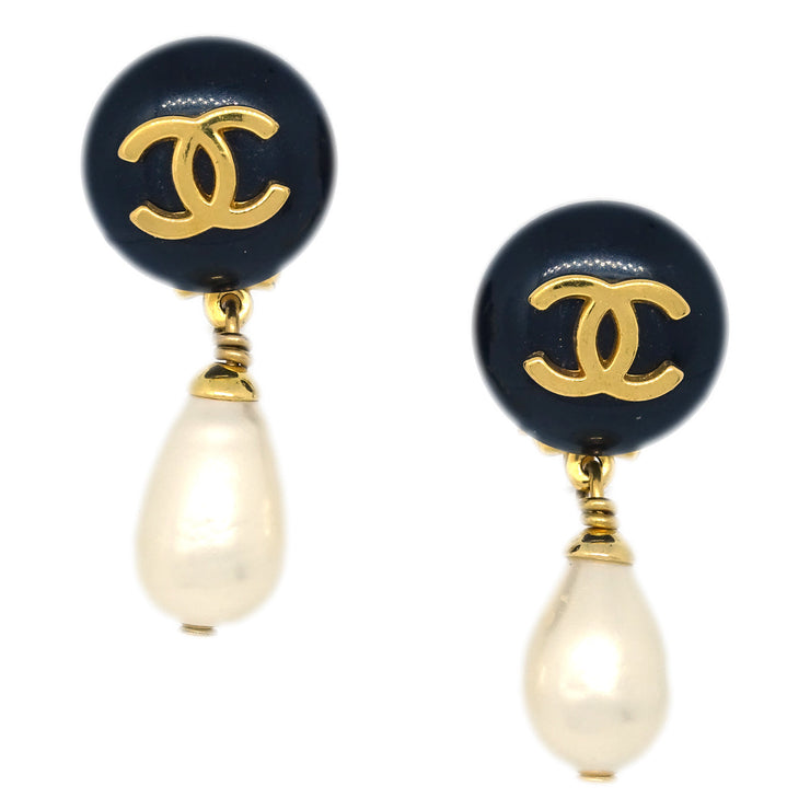 Chanel Artificial Pearl Dangle Earrings Clip-On Gold 96P