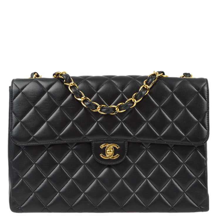 Chanel 1997-1999 Black Lambskin Jumbo Classic Flap Shoulder Bag