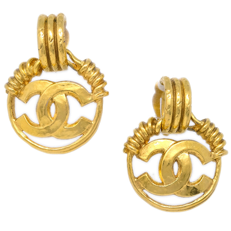 Chanel Hoop Dangle Earrings Gold Clip-On 94P
