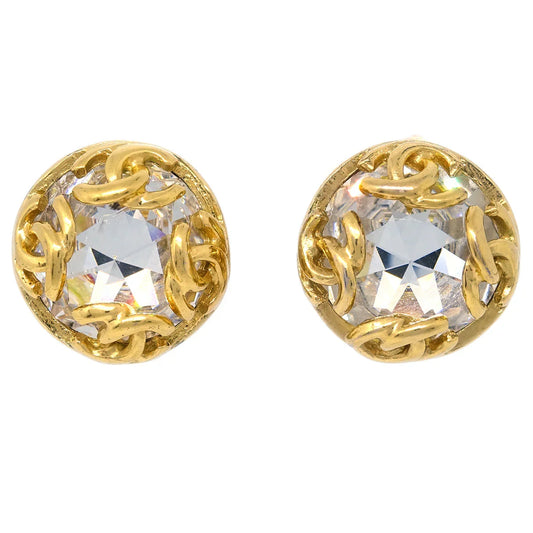 Chanel Gold Button Earrings Clip-On Rhinestone