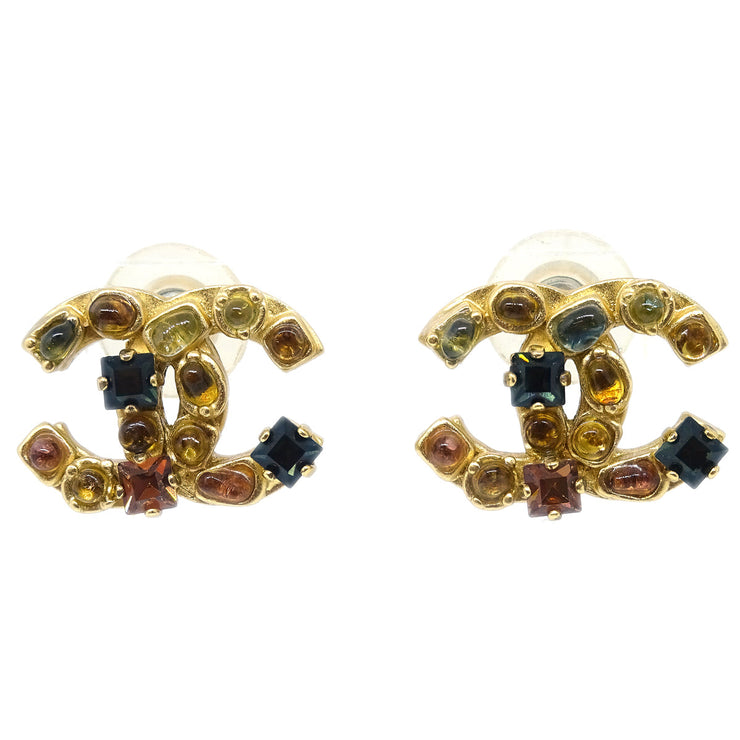 Chanel Gripoix Piercing Earrings Rhinestone Gold 01A