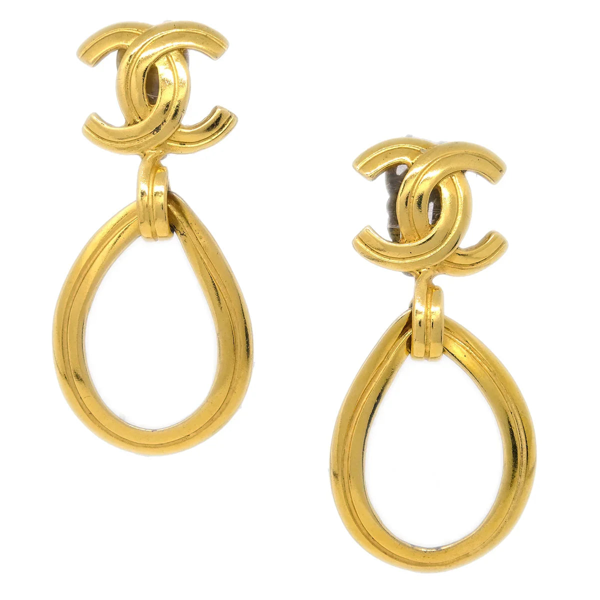 Chanel Dangle Hoop Earrings Gold Clip-On 96P