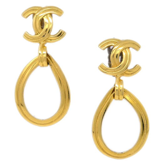 Chanel Dangle Hoop Earrings Gold Clip-On 96P