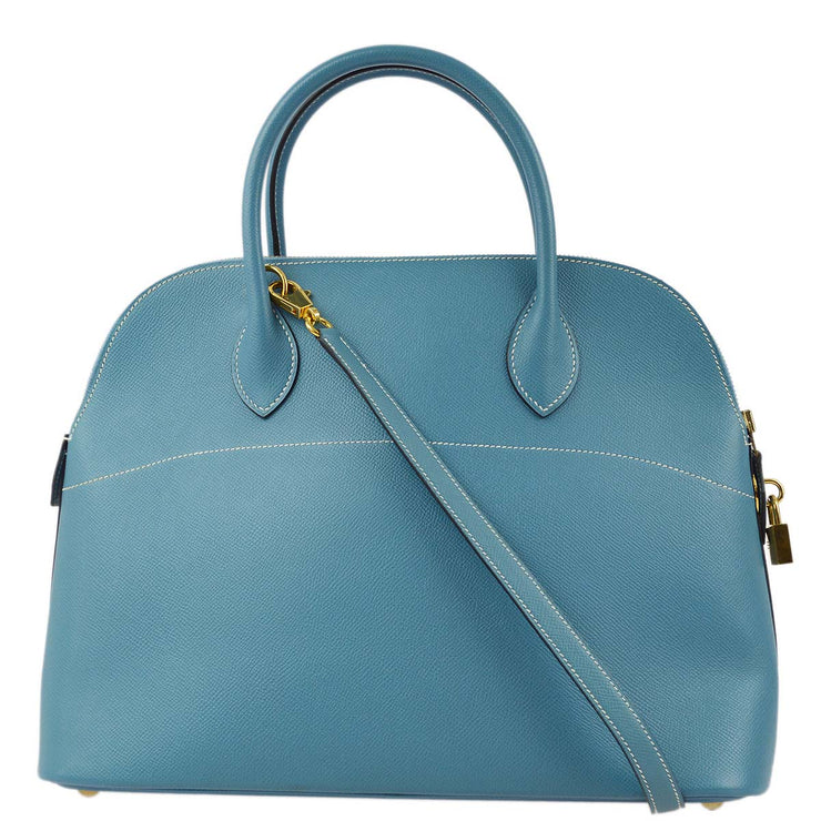 Hermes 1999 Blue Jean Courchevel Bolide 35 2way Shoulder Handbag
