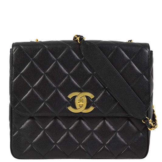 Chanel 1991-1994 Black Caviar Straight Flap Shoulder Bag