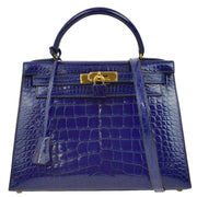 Hermes * 1966 Blue Alligator Crocodile Kelly 28 Sellier 2way Shoulder Handbag