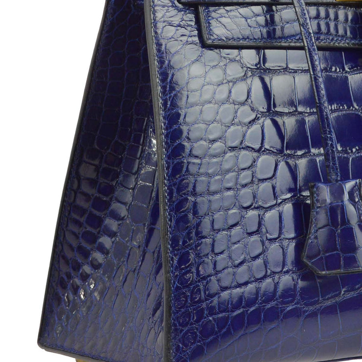 Hermes * 1966 Blue Alligator Crocodile Kelly 28 Sellier 2way Shoulder Handbag