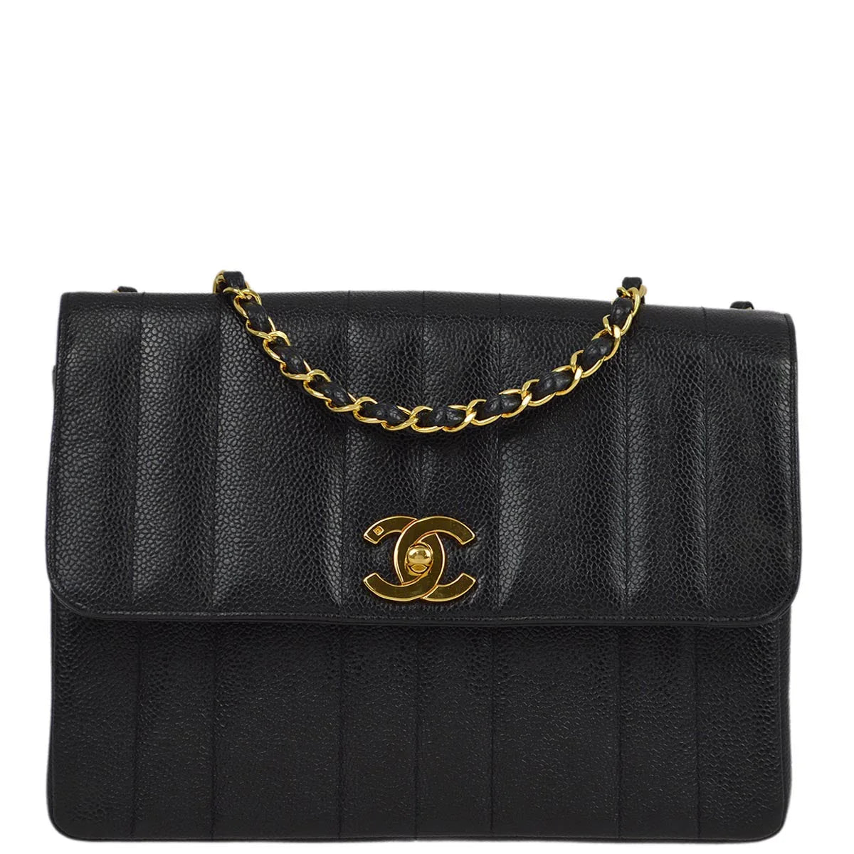 Chanel 1994-1996 Black Caviar Mademoiselle Straight Flap Shoulder Bag
