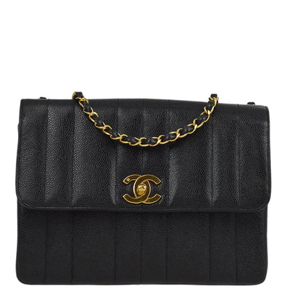 Chanel 1994-1996 Black Caviar Mademoiselle Straight Flap Shoulder Bag
