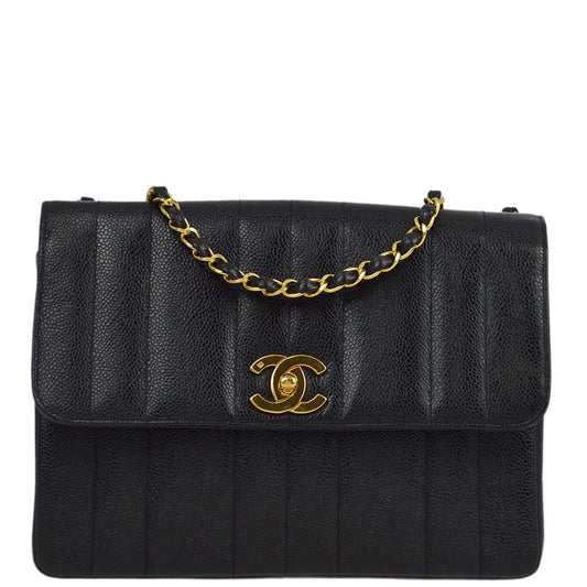 Chanel 1994-1996 Black Caviar Mademoiselle Straight Flap Shoulder Bag