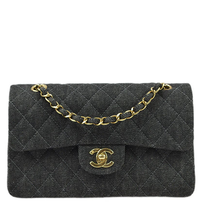 Chanel * 1997-1999 Black Denim Small Classic Double Flap Shoulder Bag