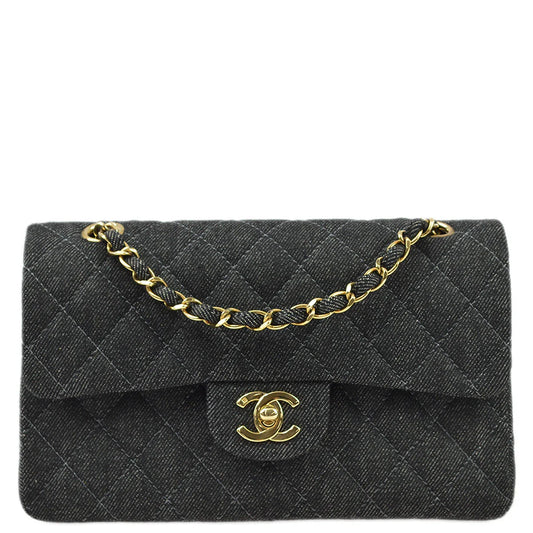 Chanel * 1997-1999 Black Denim Small Classic Double Flap Shoulder Bag