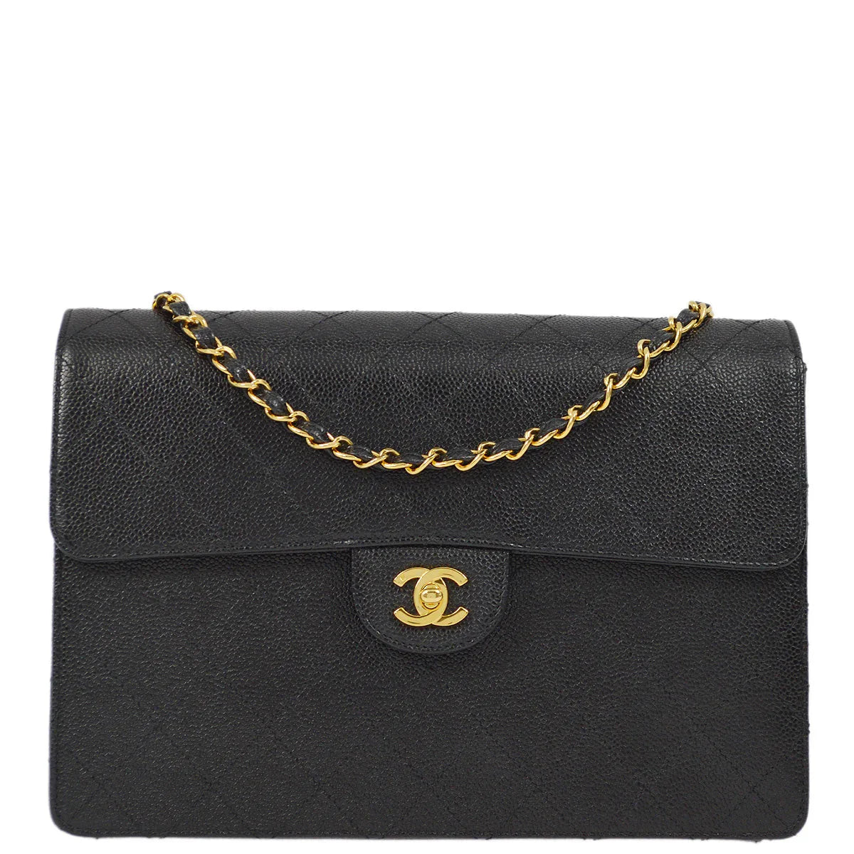 Chanel 1997-1999 Black Caviar Jumbo Classic Flap Shoulder Bag