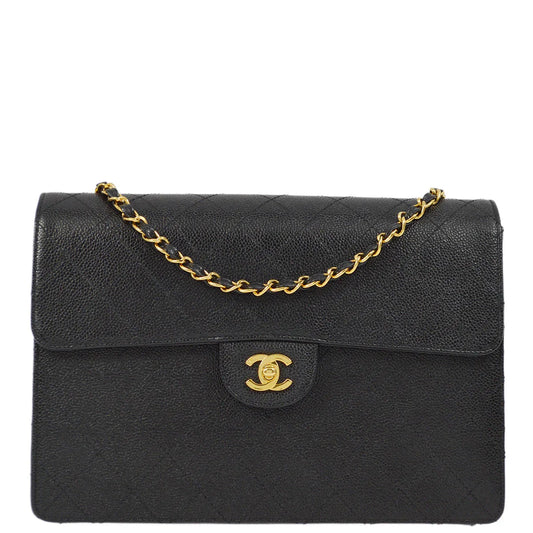Chanel 1997-1999 Black Caviar Jumbo Classic Flap Shoulder Bag