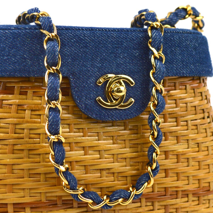 Chanel * Beige Rattan Denim Basket Chain Shoulder Bag