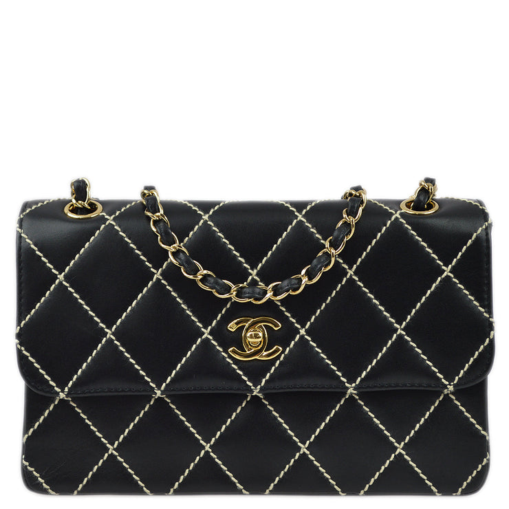 Chanel Black Calfskin Wild Stitch Straight Flap Shoulder Bag