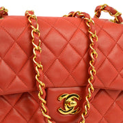 Chanel Red Lambskin Small Classic Double Flap Shoulder Bag